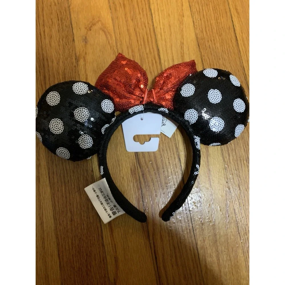 Disney Parks Minnie Mouse Sequined Black White Polka Dot Red Bow Ears Headband